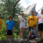 Kids with friends on a hike below the Flatirons in Boulder